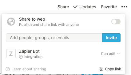 The sharing options in Notion with the Zapier Bot given edit permissions.