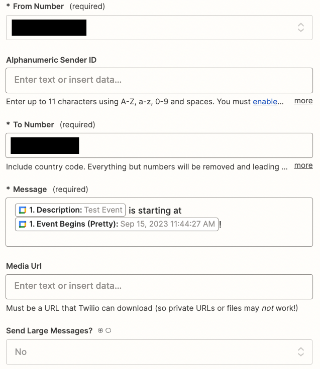 Fields to customize a Twilio action step, including fields for a phone number and message.
