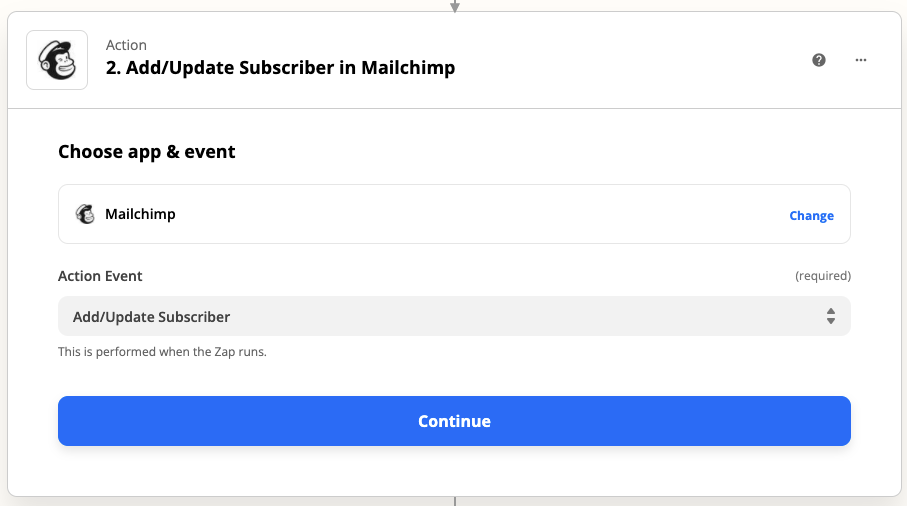 The Mailchimp app logo next to the text "Add/Update Subscriber in Mailchimp"