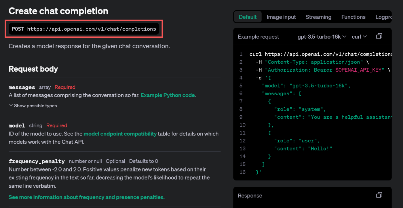 The chat completions docs page with the POST URL in the OpenAI playground