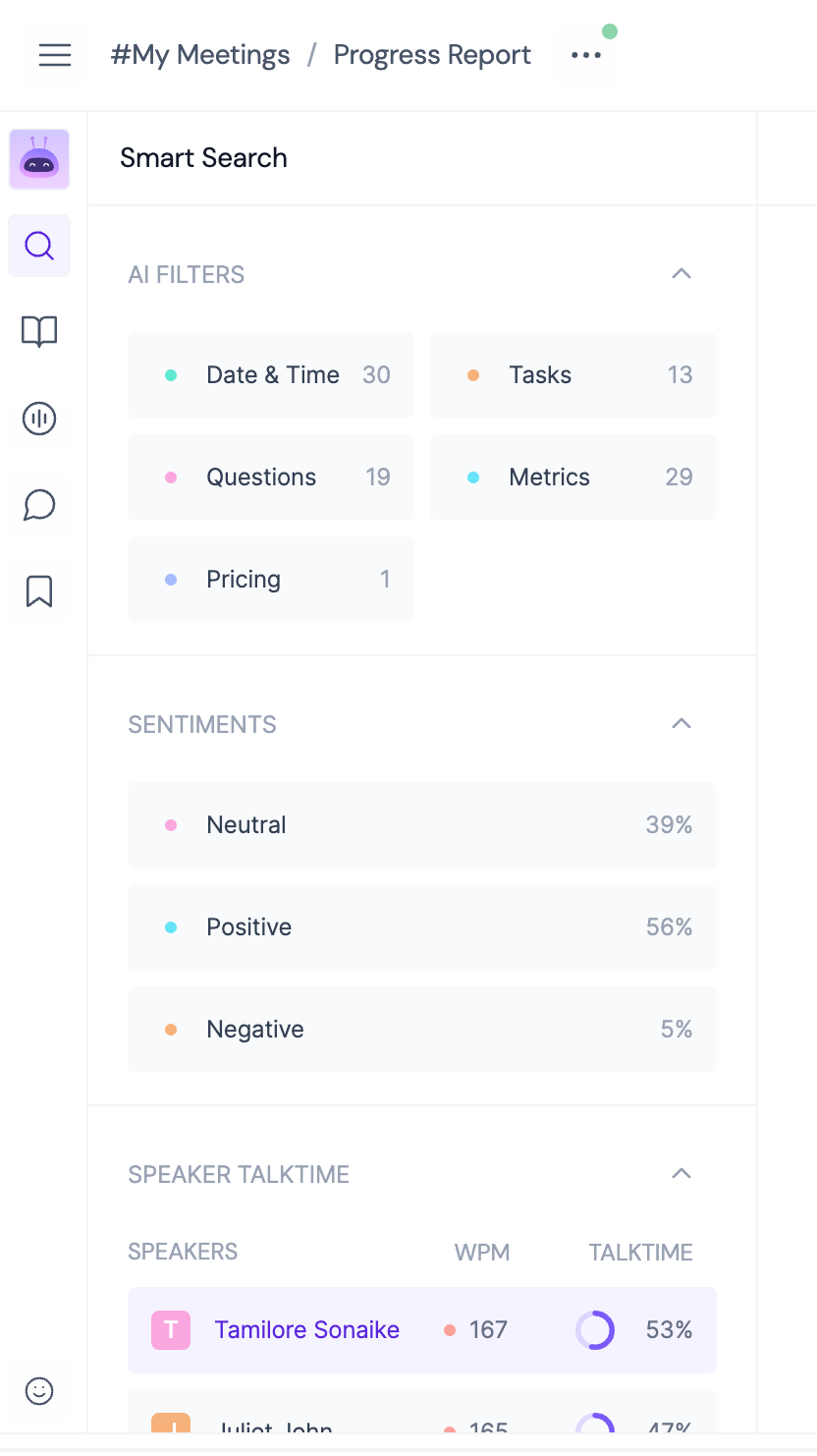 A progress report in Fireflies providing meeting insights like speaker talk time and neutral, positive, negative sentiments