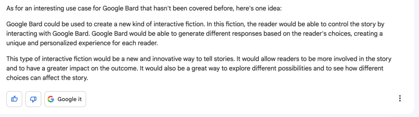 Google Bard suggests using Google Bard to write interactive fiction