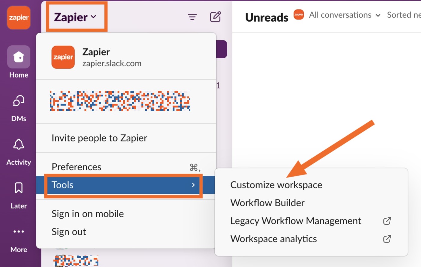 The "Customize workspace" selection in Slack