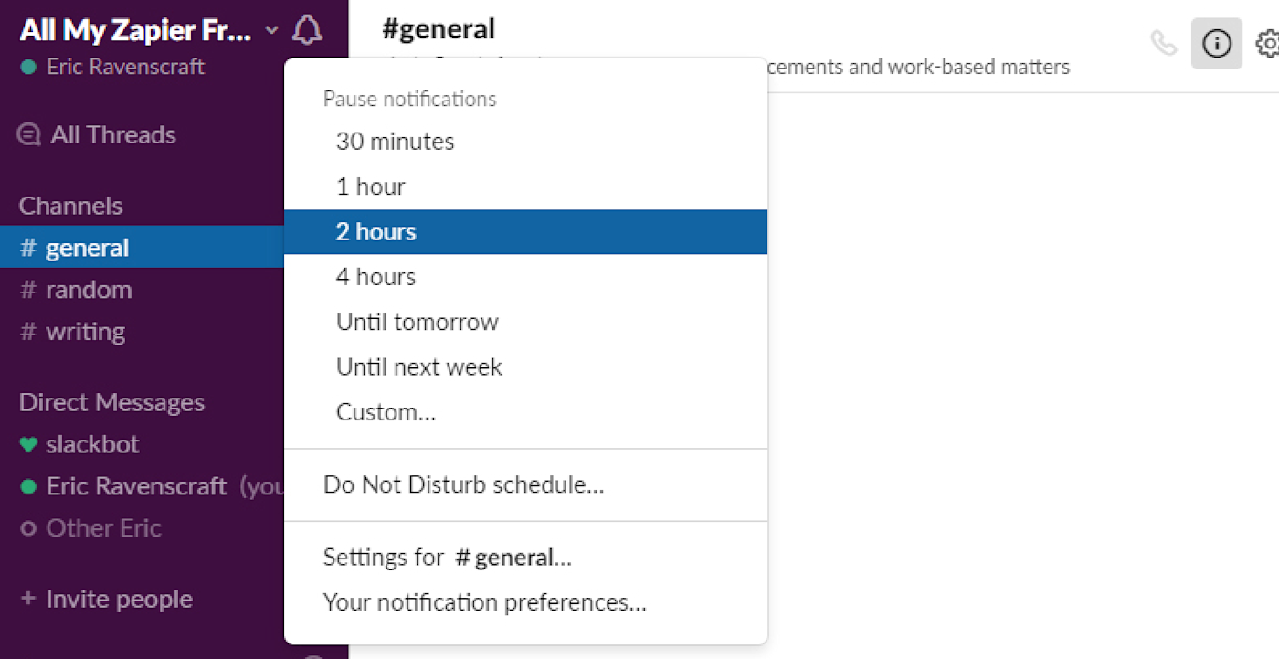 Silence notifications in Slack