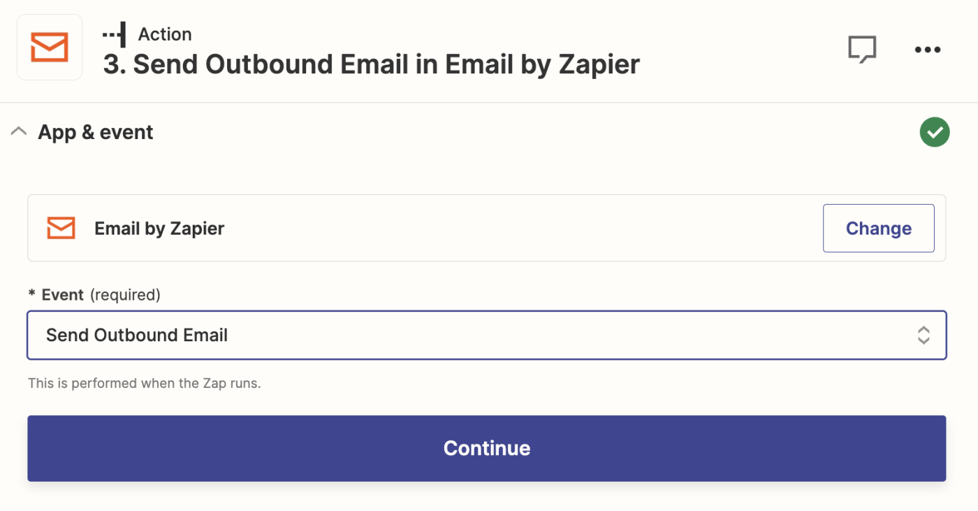 A screenshot of the setup for an outbound email action step in the Zapier editor.