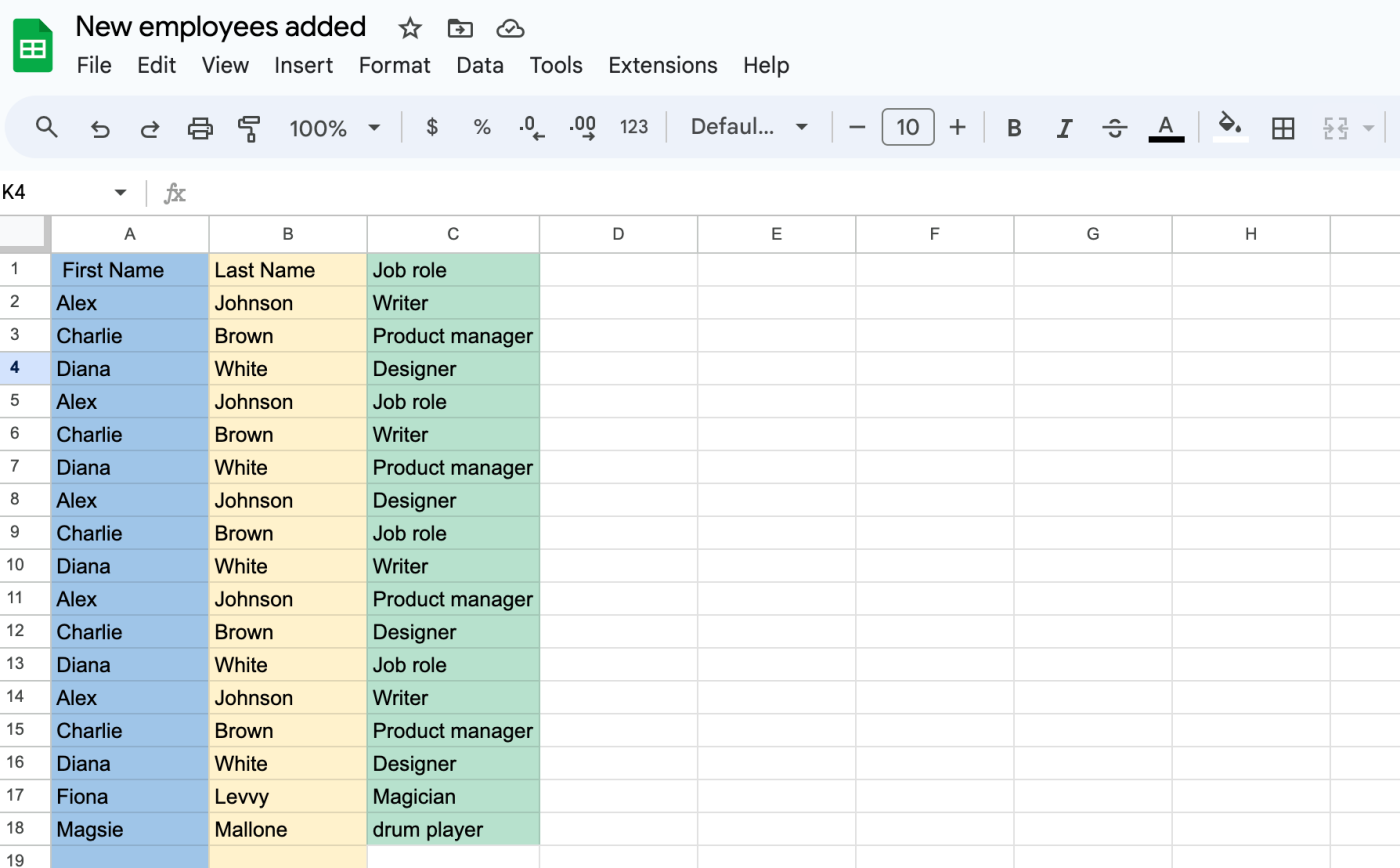 Screenshot of Google Sheets spreadsheet