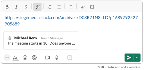 Screenshot showing where to paste a link to a message in Slack to quote reply.