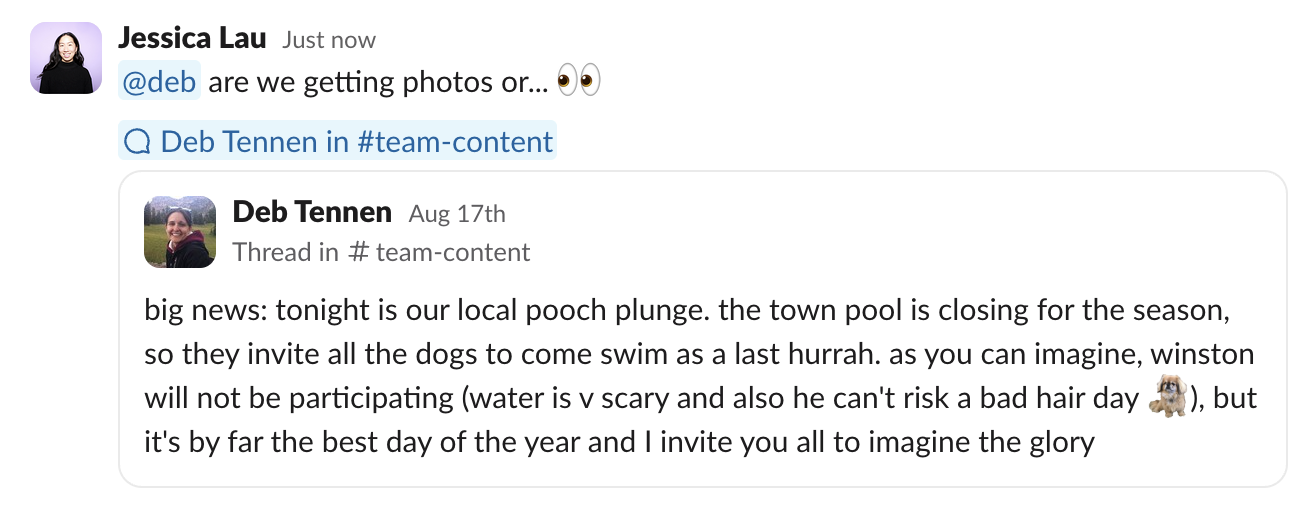 Slack message with a link to an existing Slack message and a preview of the existing message.