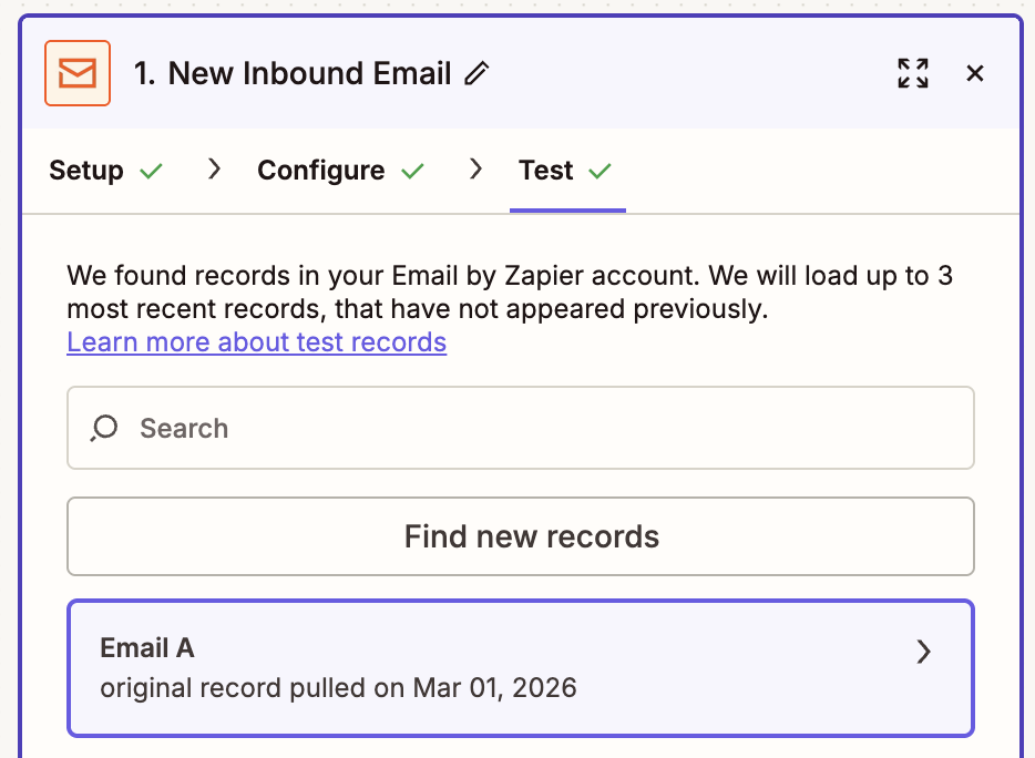 An email with the new Zapier email address in the email field and an attached file.
