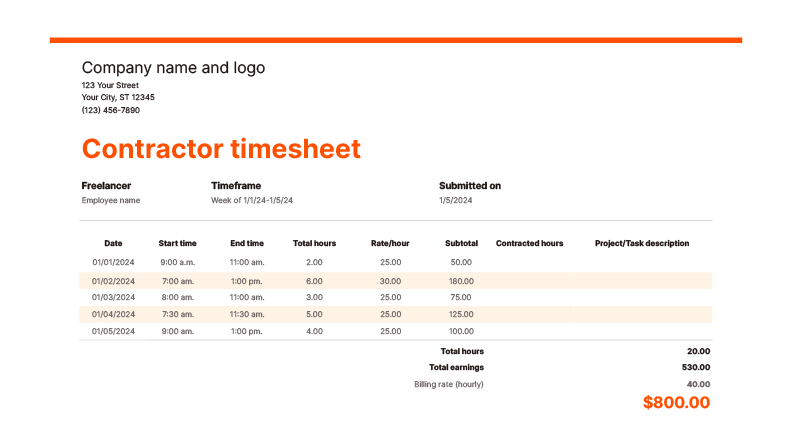 Screenshot of Zapier's contractor timesheet template showing how to track time for contractor projects or tasks in one week