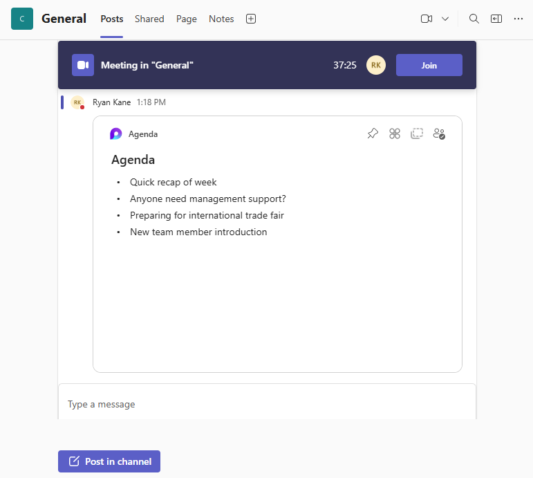 A meeting agenda inside Microsoft Teams