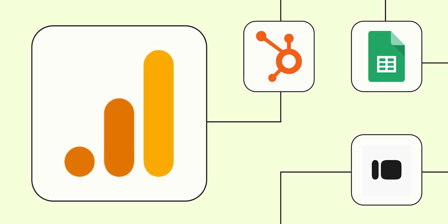 A hero image of the Google Analytics app logo connected to other app logos on a light yellow background.