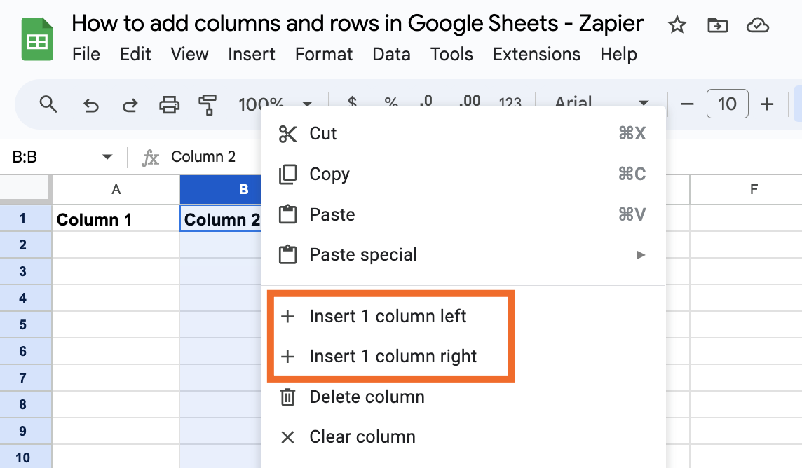Right-clicking to add a column in Google Sheets