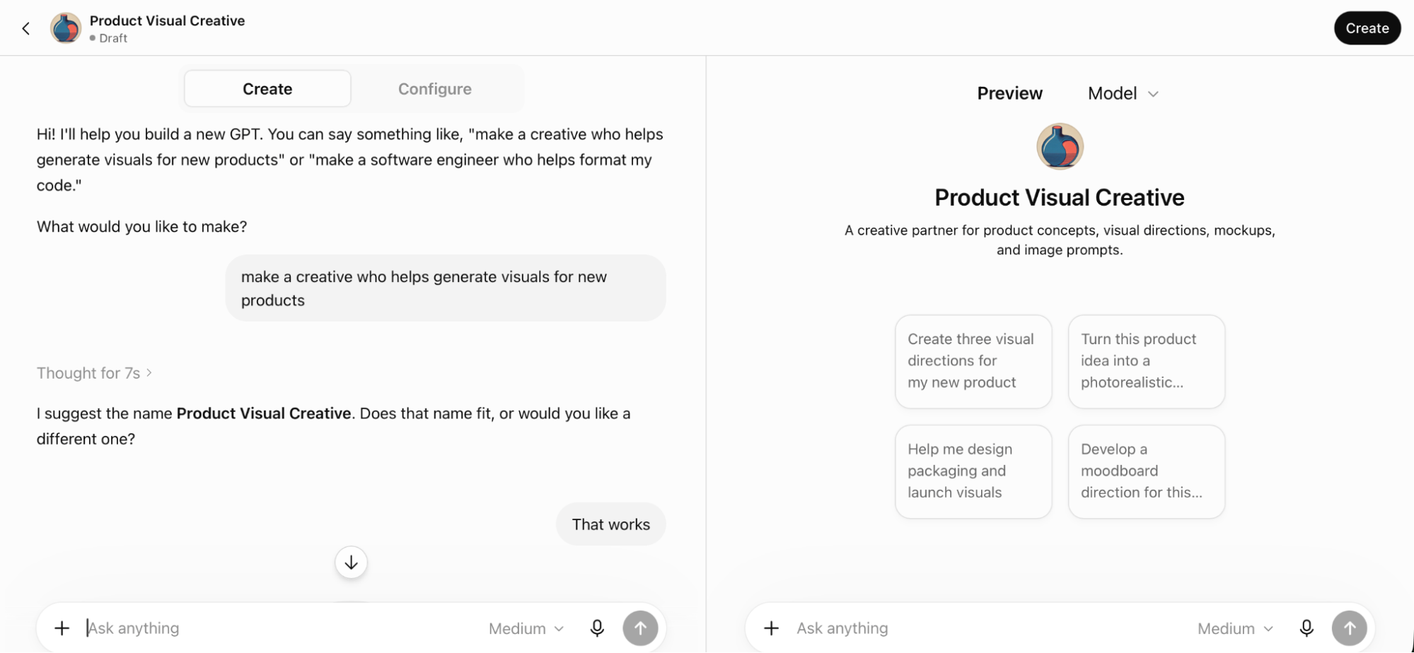 OpenAI's GPT builder with an example GPT