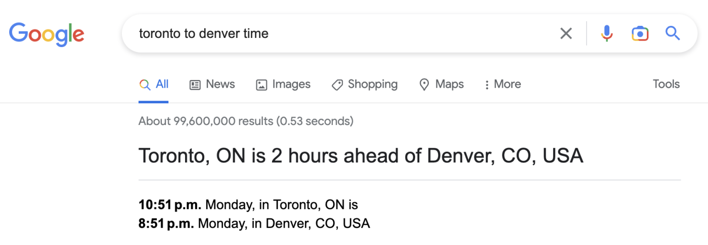 The time difference between Toronto, Ontario and Denver, Colorado is displayed at the top of a Google Search results page with the words Toronto to Denver time in the search bar.