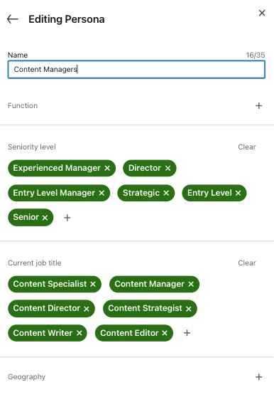 A persona in LinkedIn Sales Navigator with various filters selected