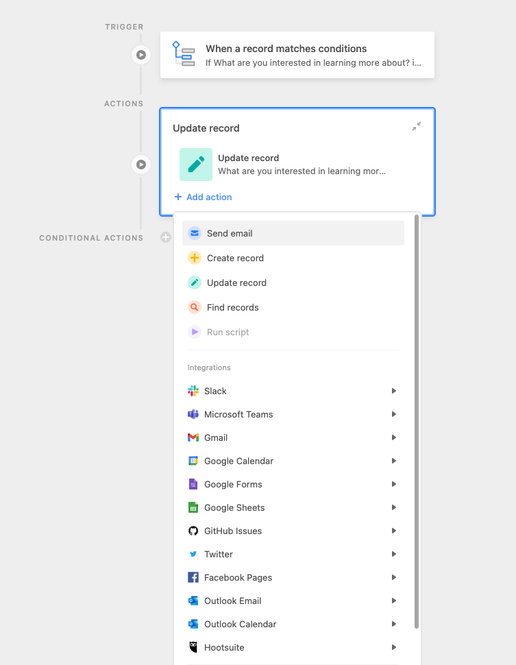 An open Airtable record that shows a list of available integrations.