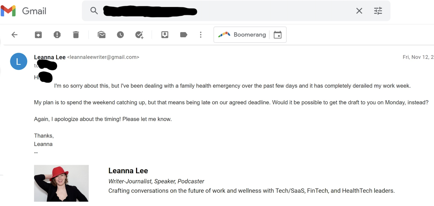 An email from Leanna to a client about needing some extra time on a project