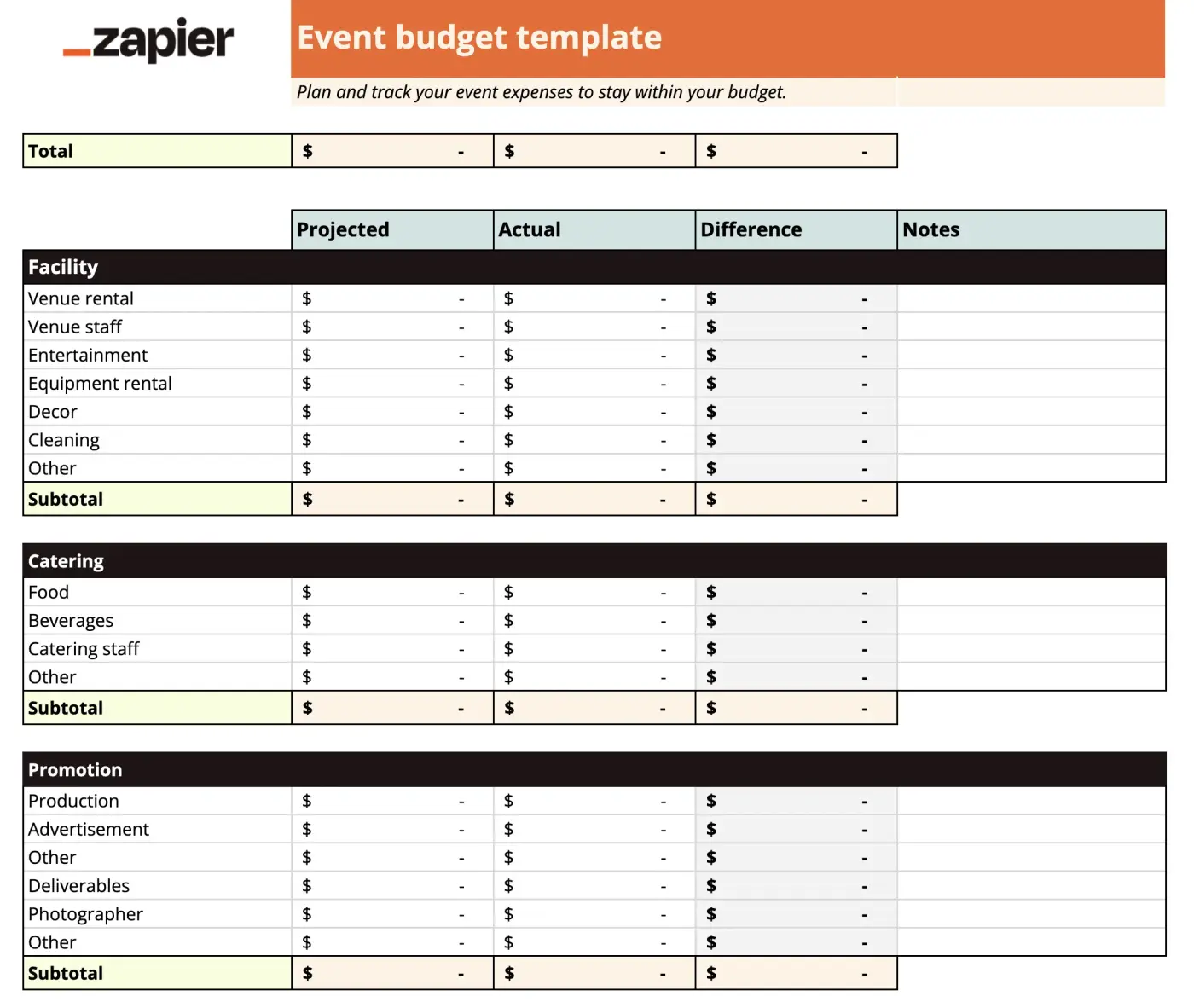 Screenshot of an event budget template