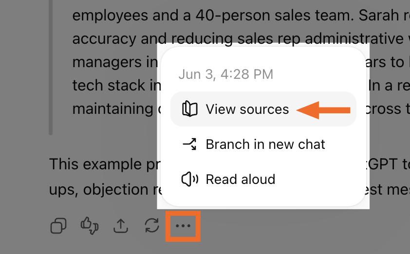 Expanded view of the three-dot icon for a ChatGPT response with the option to view sources highlighted.