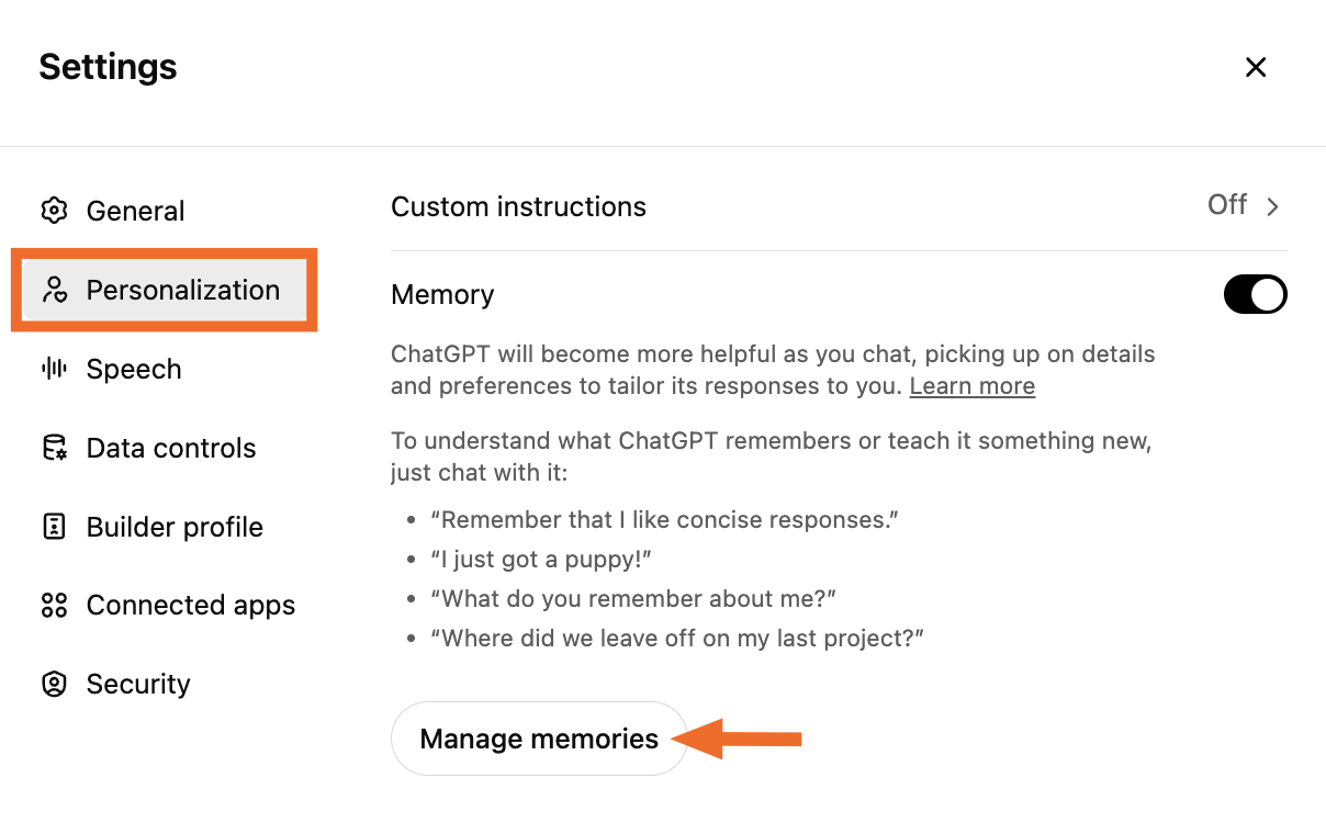 Personalization settings window in ChatGPT with an arrow pointing to the manage memories option. 