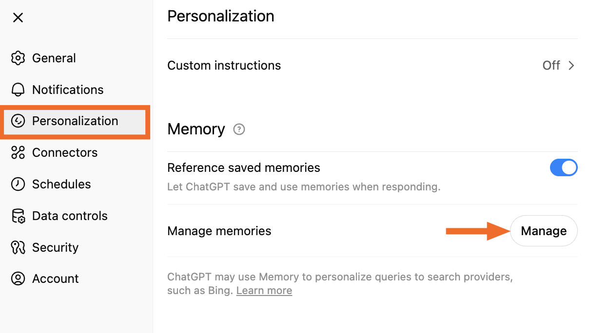 Personalization settings window in ChatGPT with an arrow pointing to the manage memories option. 