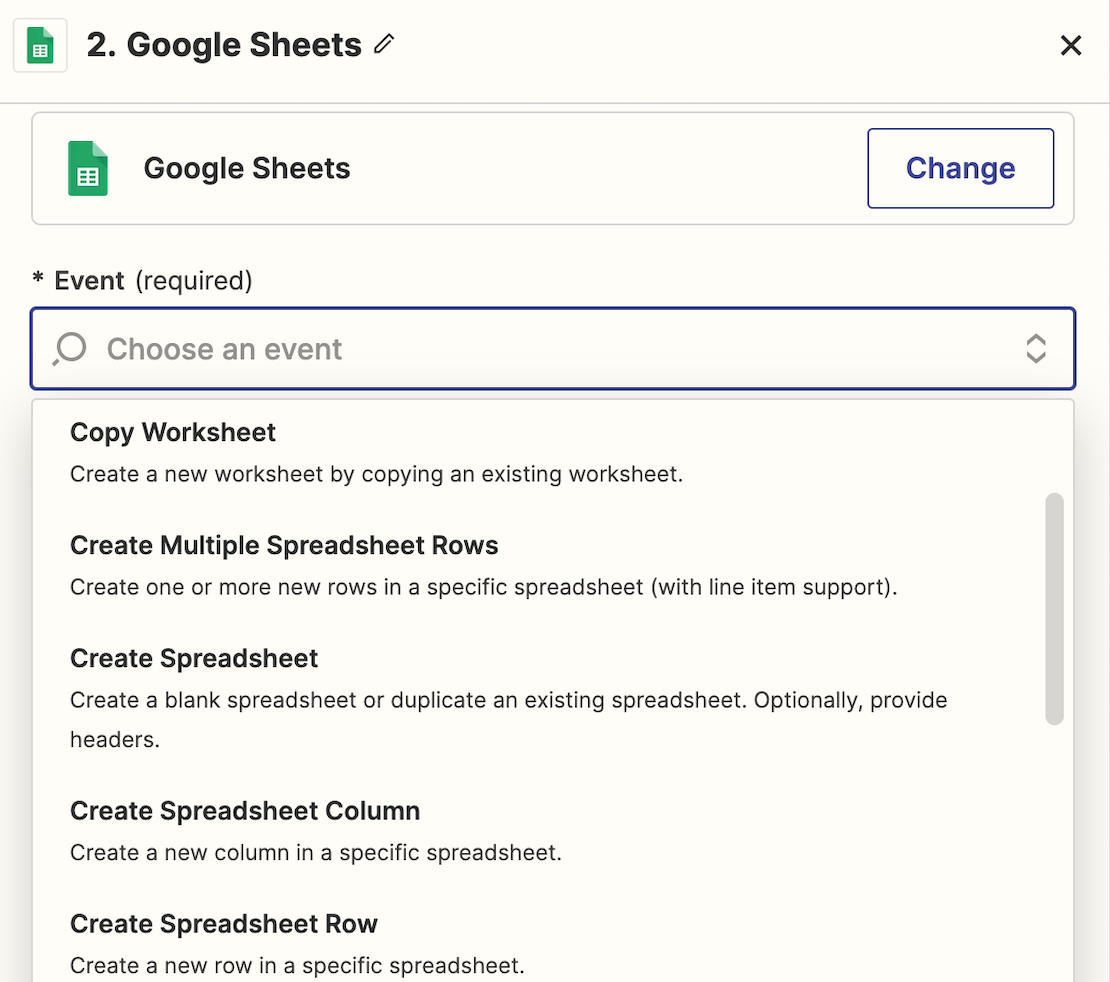 Screenshot of Google Sheet events in editor