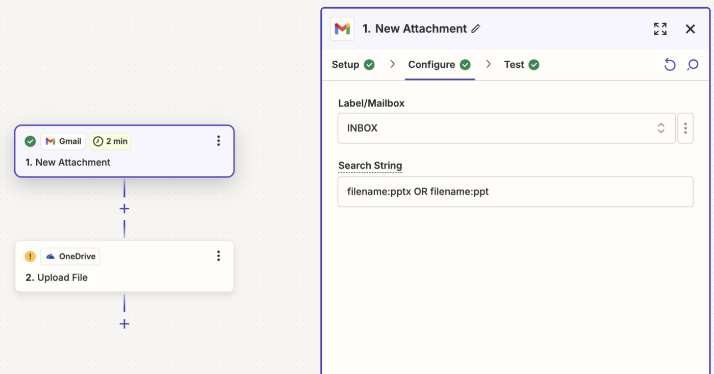 In the Zapier editor, create a trigger step in Gmail that watches for have Zapier watch for email attachments with filename:pptx OR filename:ppt.