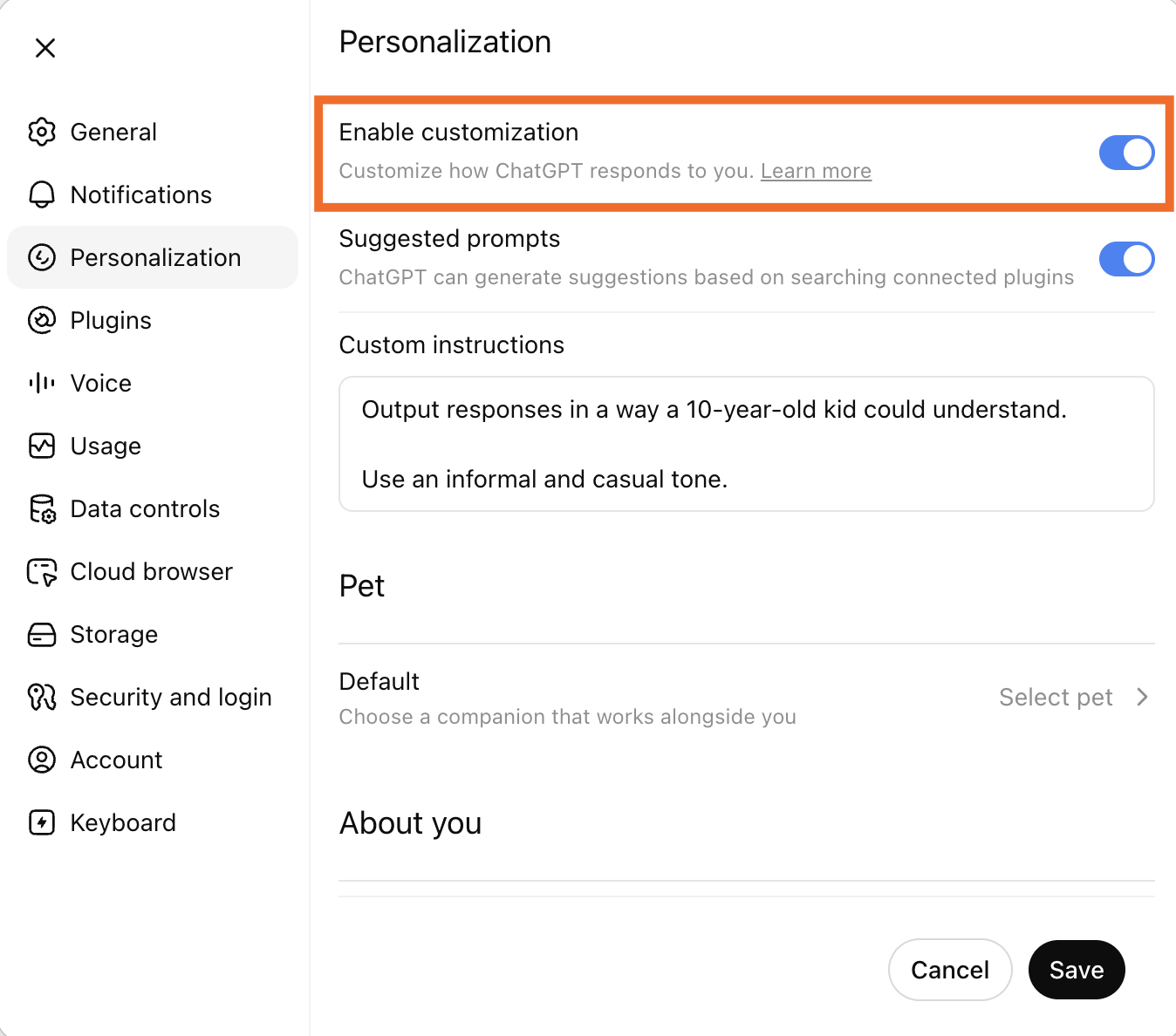 ChatGPT custom instructions pop-up.
