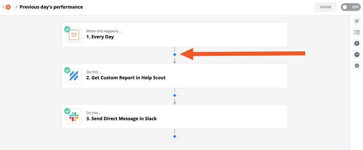 Add the action between the trigger and first action.