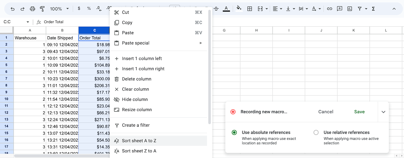 Screenshot showing how to record macros in Google Sheets.