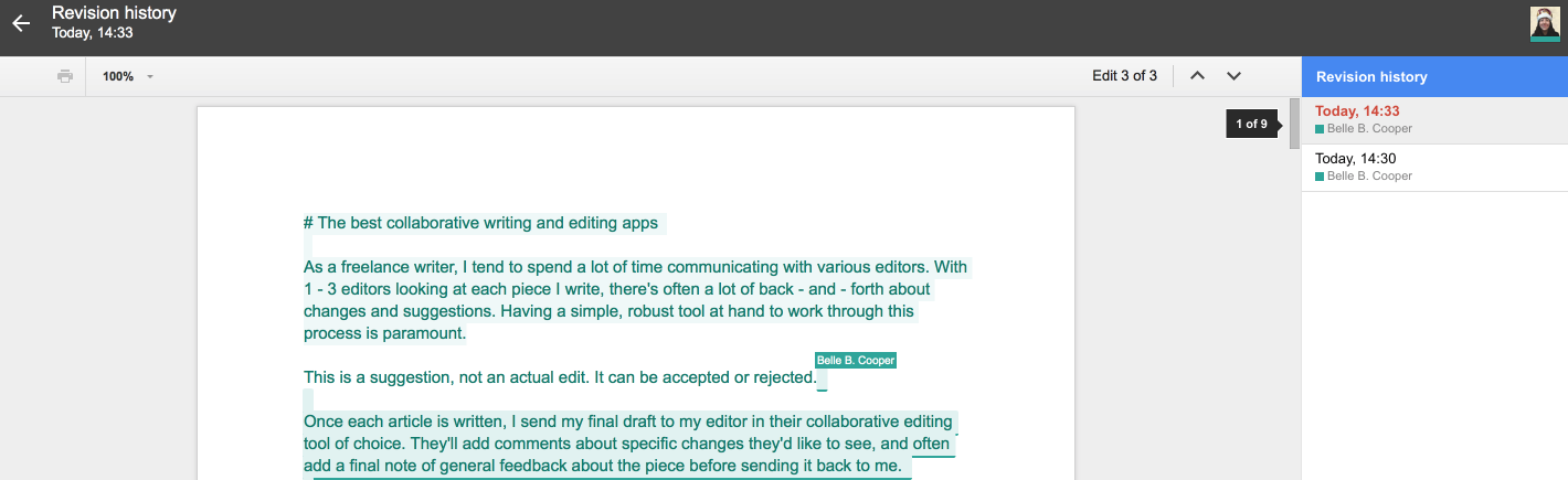 Google Docs revision history