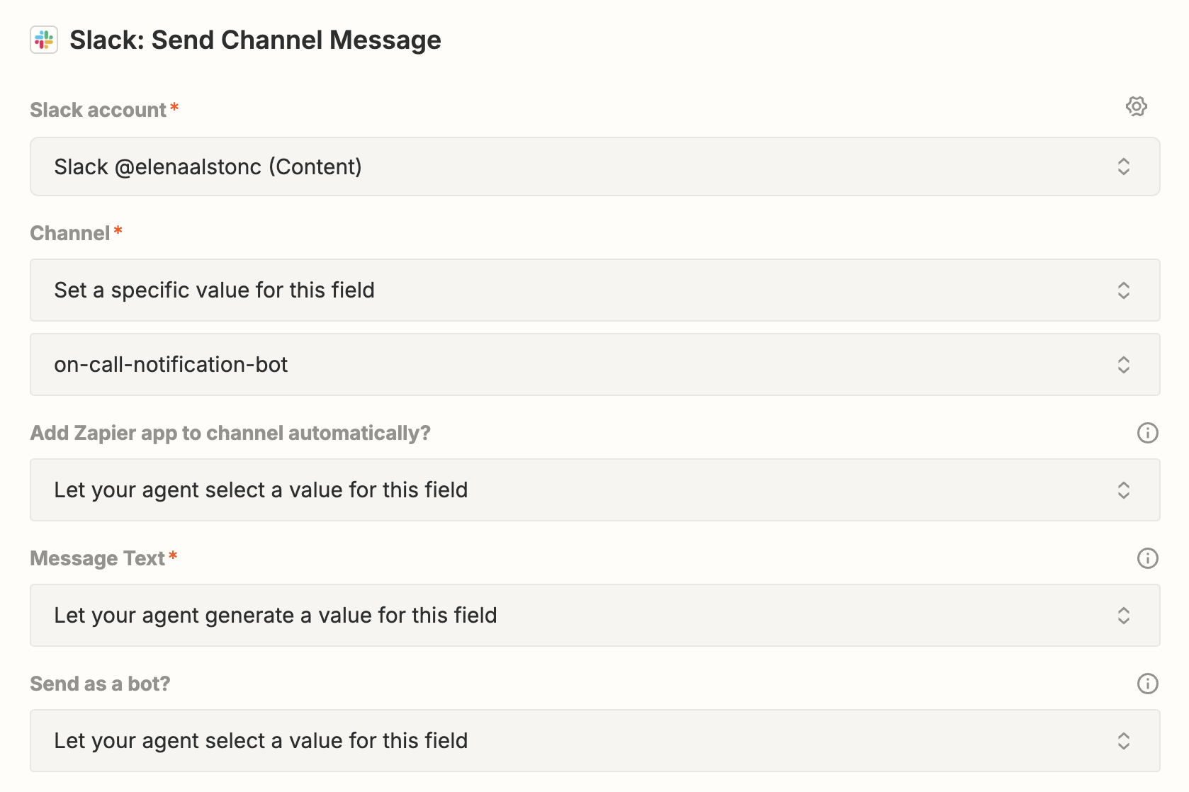 Screenshot of Slack configuration set up