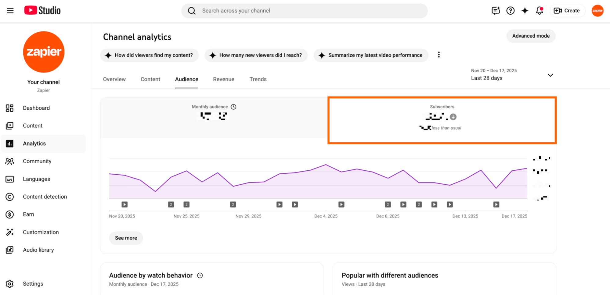 YouTube Studio with subscriber metrics highlighted. 