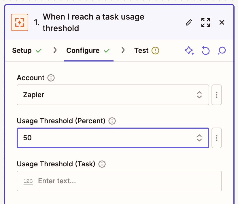 An interface for setting task usage thresholds