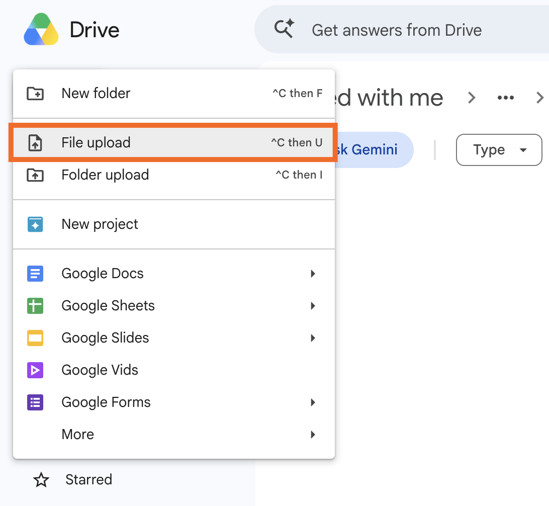 Expanded view of the new menu in Google Drive with File upload highlighted.