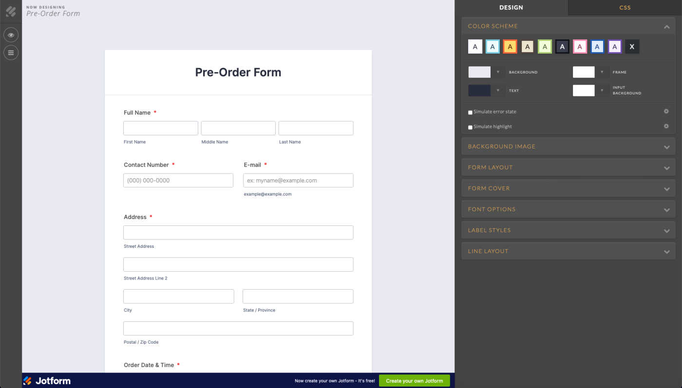 Customizing a form in Jotform