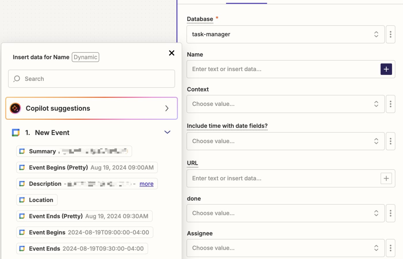 A list of data points from Google Calendar is shown in a dropdown under "Insert Data".