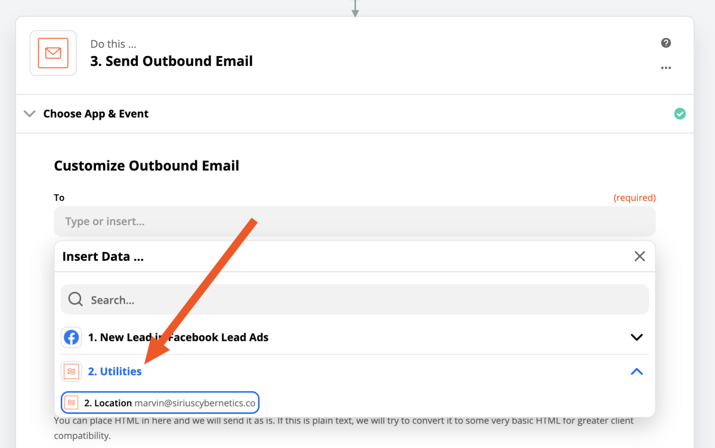 Arrow pointing from the To field in the Send Email to the values provided by the Utilities action, which should be the result of the Lookup Table.
