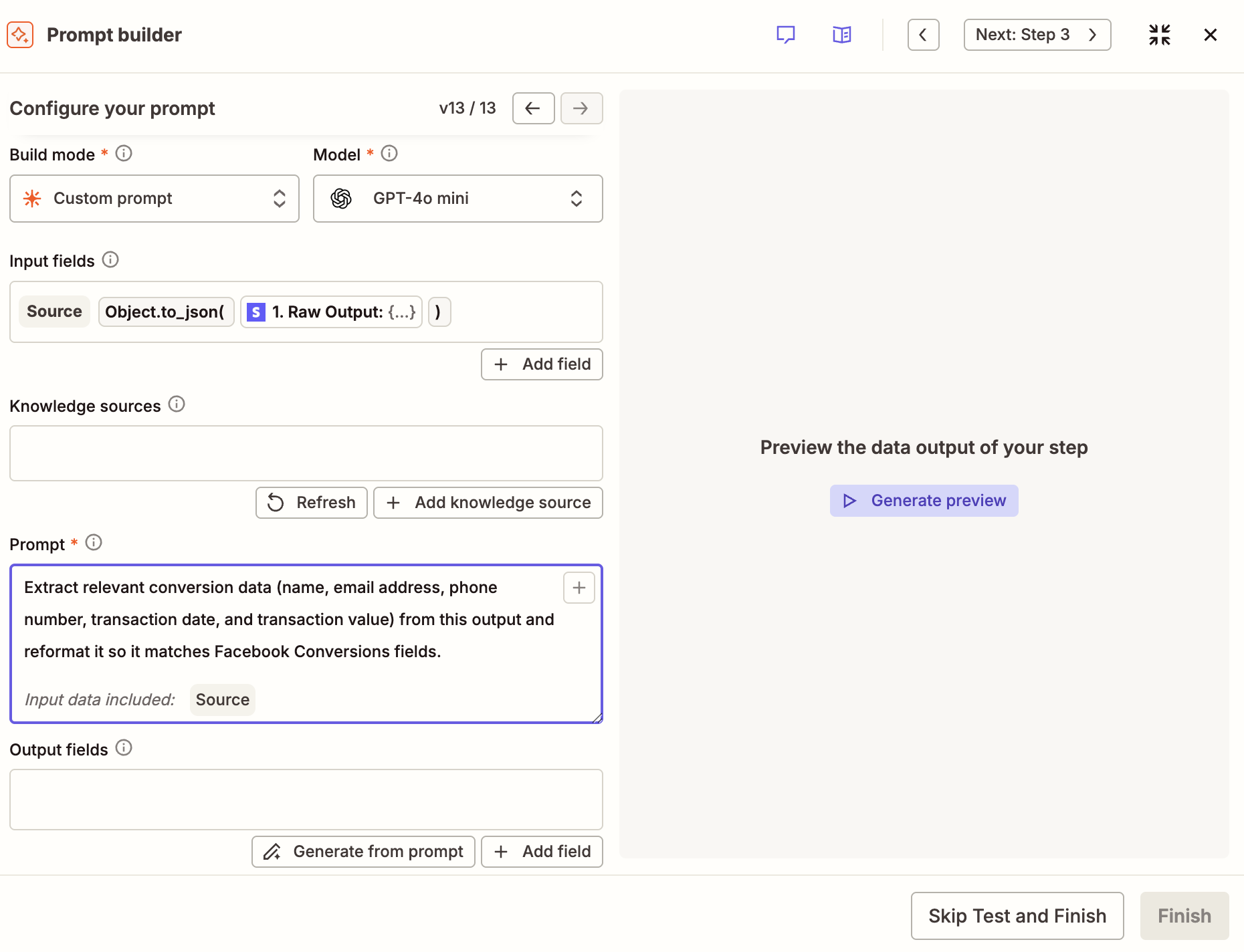 The configuration page for an AI by Zapier action step with a prompt entered in the Prompt field