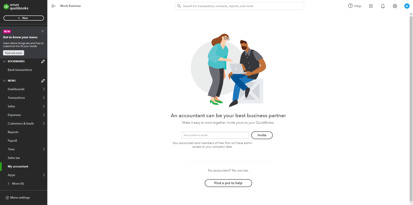 Screenshot of the user's screen showing QuickBooks Online's accountant feature