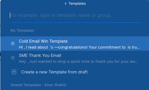 List of message templates in Spark email. 