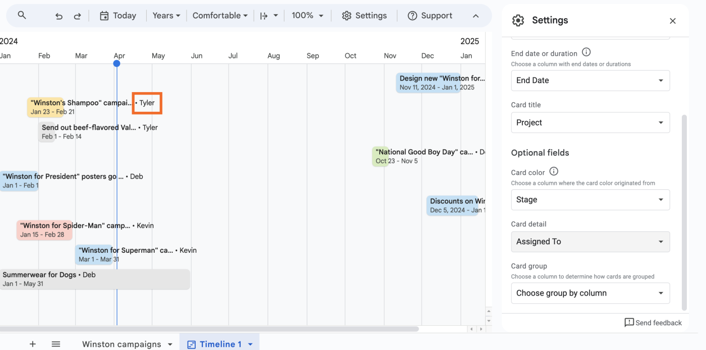 The extra details showing in a Google Sheets Gantt chart