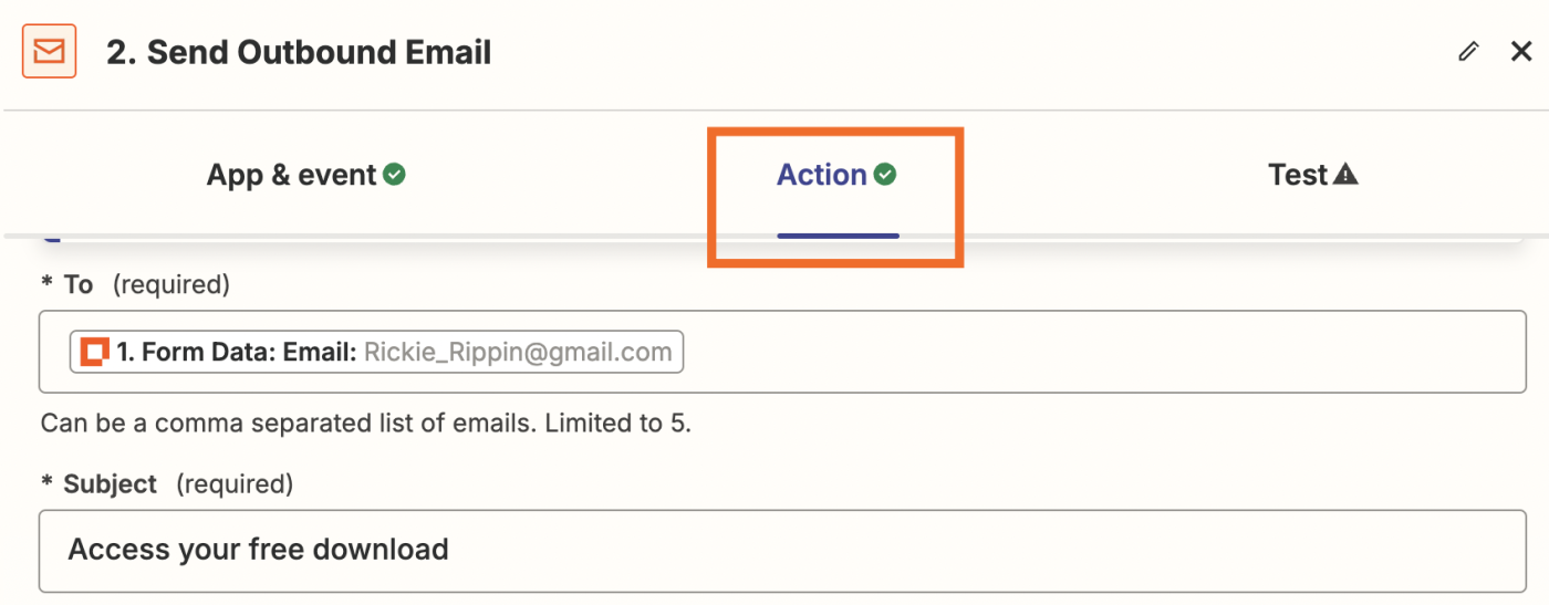 Screenshot of action step in Zap