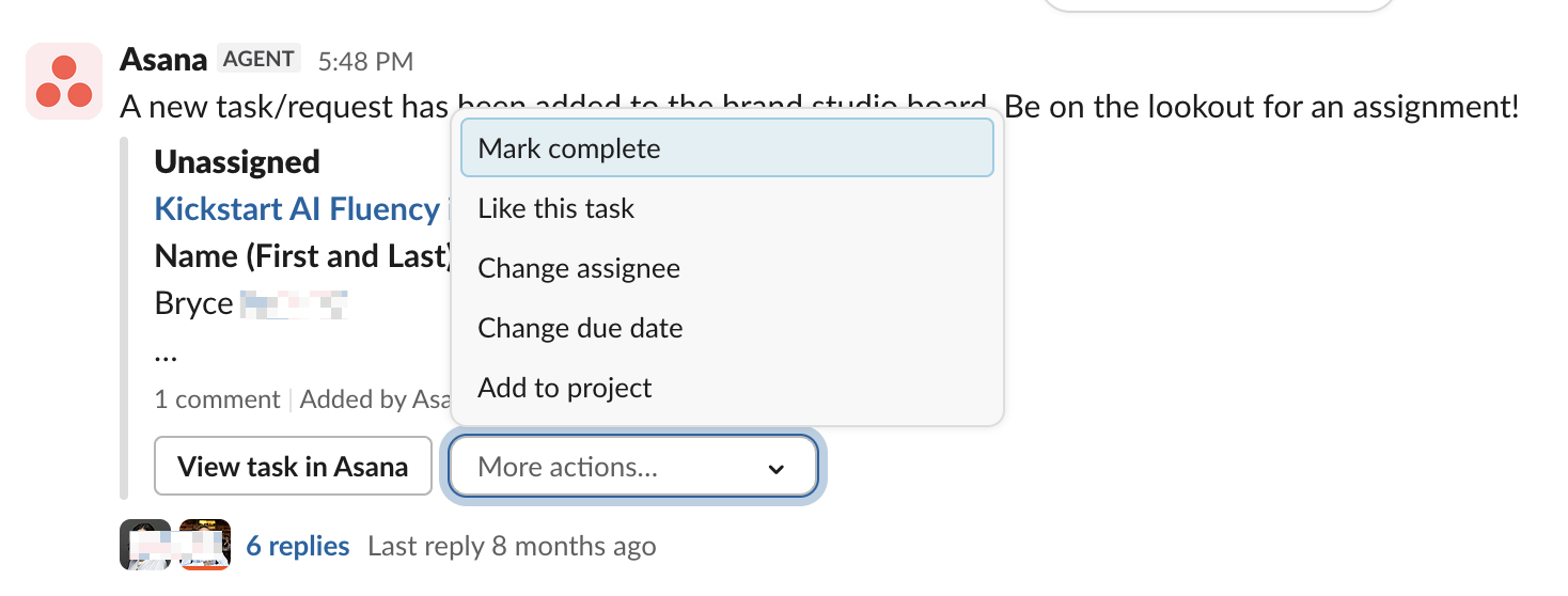 The Asana Slack app