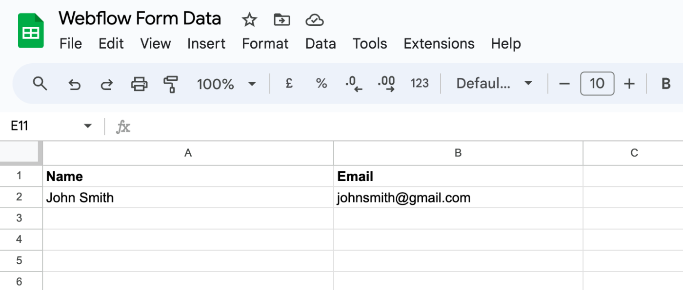 A Google Sheet with details added in the Name and Email columns.