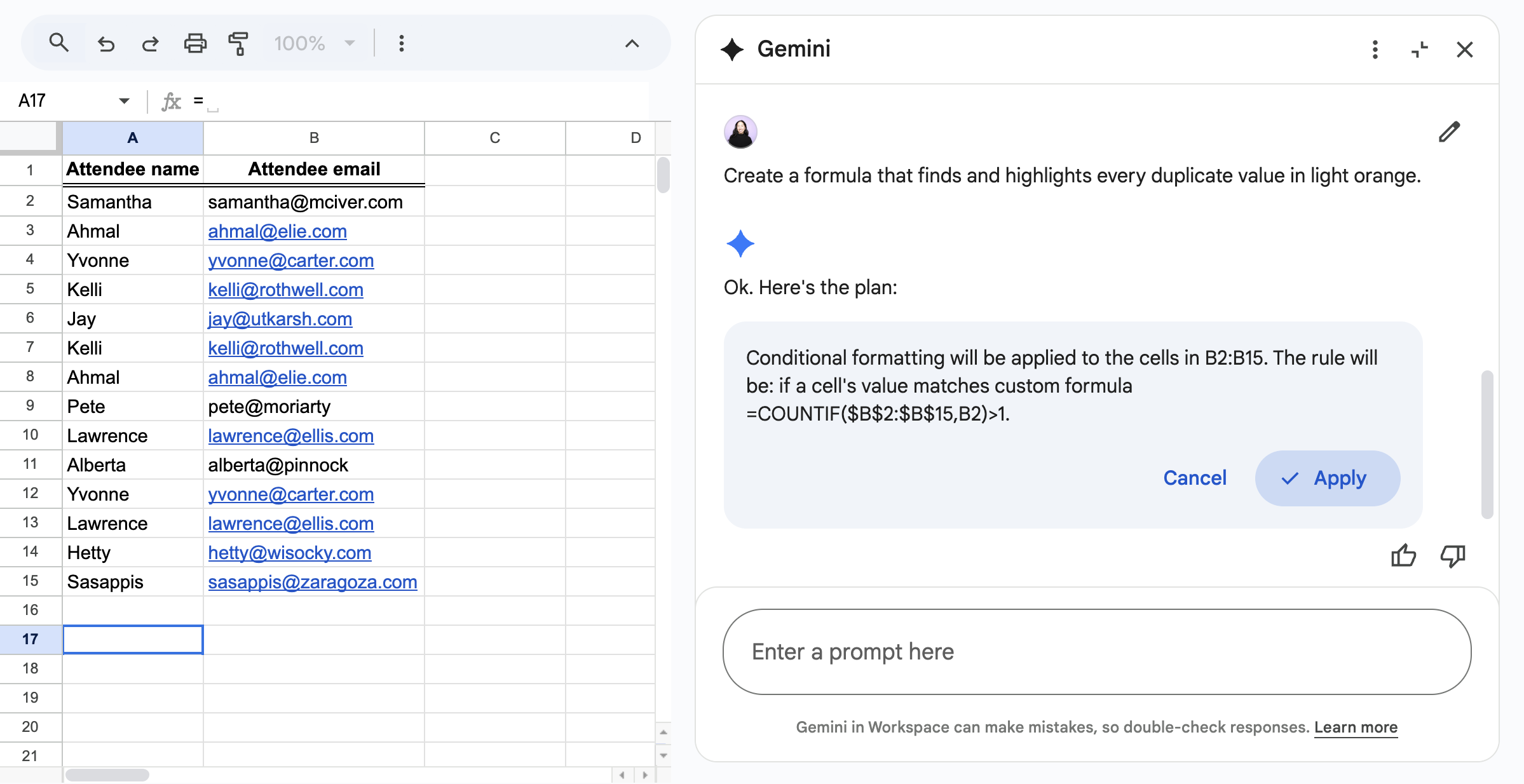 Conversation with Gemini in Google Sheets that shows Gemini suggesting a formula for how to find and highlight duplicate values.