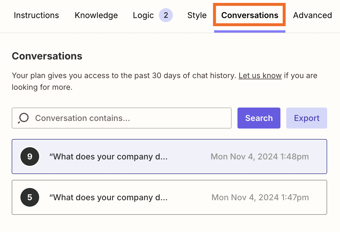 Screenshot of conversations tab in chatbots