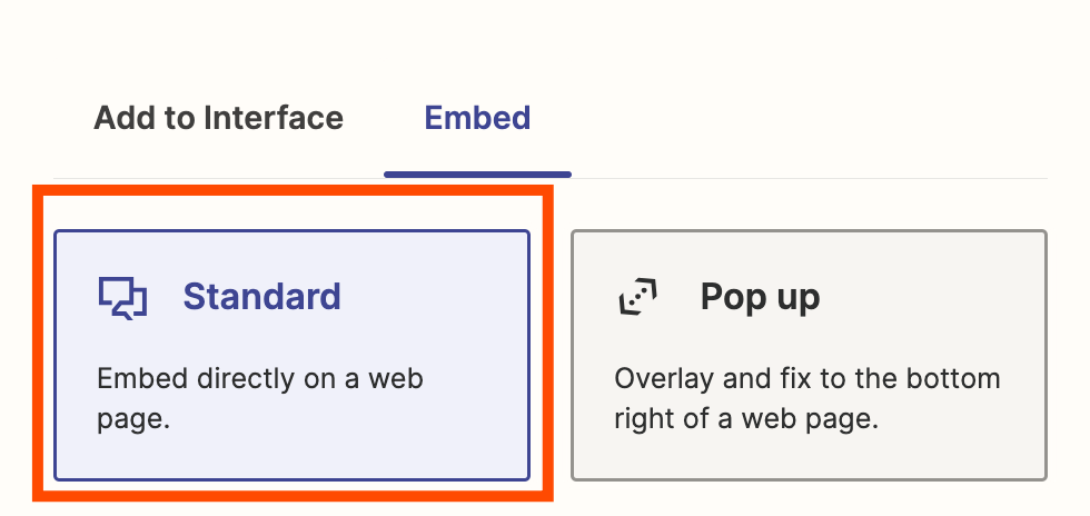 An orange box around the Standard option for an embed.