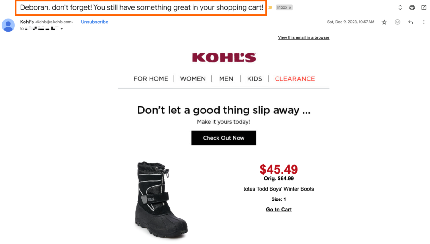 Abandoned cart email from Kohl's.